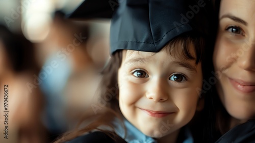 Child graduation moment captured with joy, showcasing pride and happiness between mother and daughter in a celebratory atmosphere.