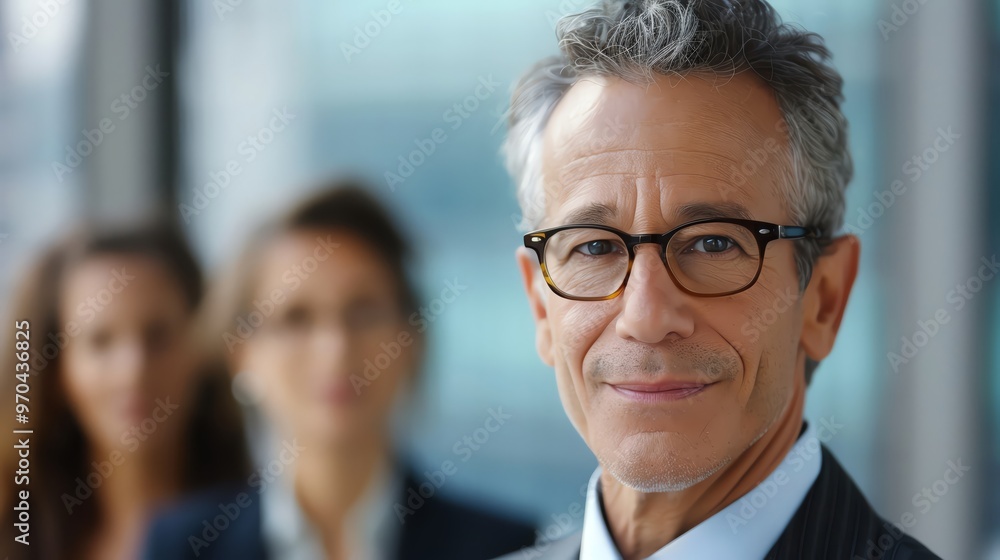 Confident businessman smiling in an office setting, showcasing leadership and professionalism in a corporate environment. Confident businessman smiling in an office setting, showcasing leadership and professionalism in a corporate environment.