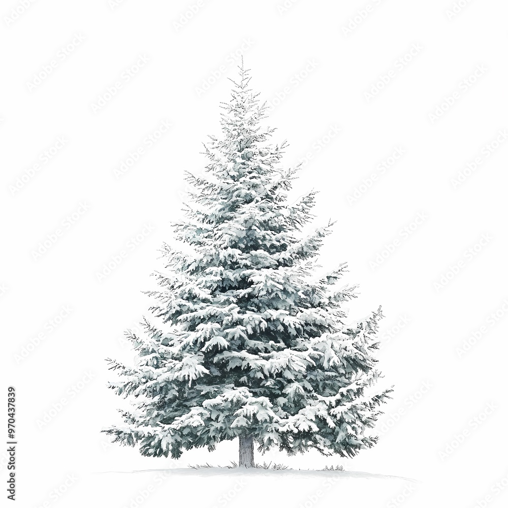 Fototapeta premium Winter's Embrace: A solitary pine stands tall, cloaked in a pristine blanket of snow, against a stark white backdrop.