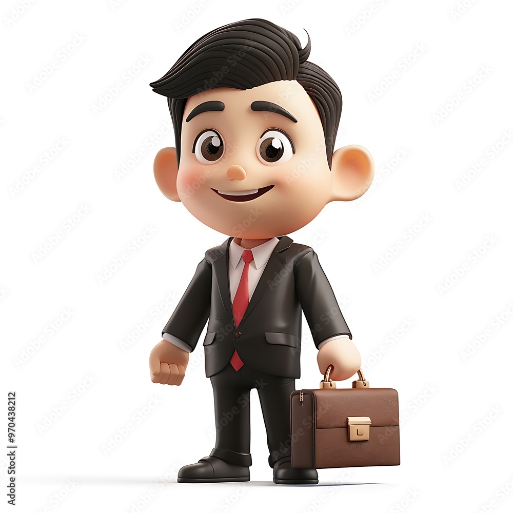 A simple 3D business cartoon character wearing a suit and holding a briefcase, smiling confidently in an office setting. 8k UHD, suitable for high-quality printing or digital display. A simple 3D business cartoon character wearing a suit and holding a briefcase, smiling confidently in an office setting. 8k UHD, suitable for high-quality printing or digital display.