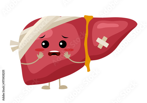 Liver cirrhosis disease. Sad liver organ anatomy cartoon vector illustration on white background. Unhealthy liver medical concept.