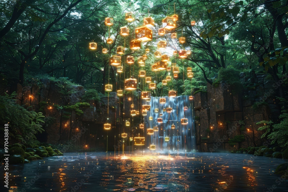 Naklejka premium A waterfall is surrounded by trees and the water is falling from the sky