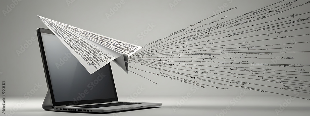 Obraz premium A simple design of a paper airplane flying out of a computer monitor, trailing a digital binary code behind it. The design emphasizes communication and connectivity, with a plain background