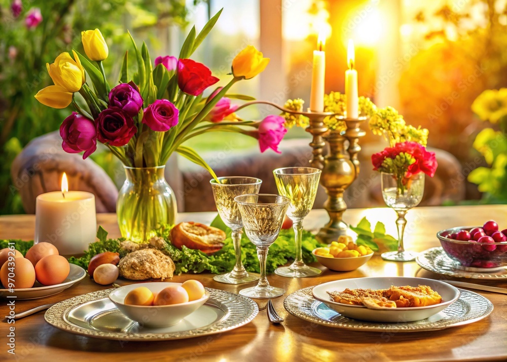 A lavishly set table radiates joy with a Seder plate centerpiece featuring symbolic foods, surrounded by vibrant blooms and warm golden light. A lavishly set table radiates joy with a Seder plate centerpiece featuring symbolic foods, surrounded by vibrant blooms and warm golden light.