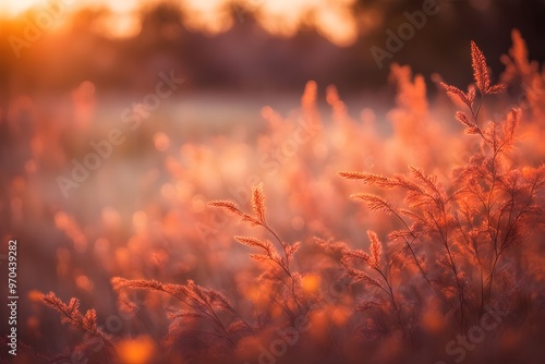 Warm bokeh sparkles of red and orange glowing softly in a sunset lit landscape, AI Generated