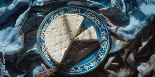 Panela Cheese with a Ceramic Plate in Blue and a Traditional Tablecloth in Blue photo