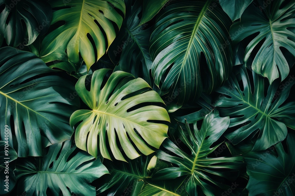 A lush green foliage background with large tropical leaves. A lush green foliage background with large tropical leaves.