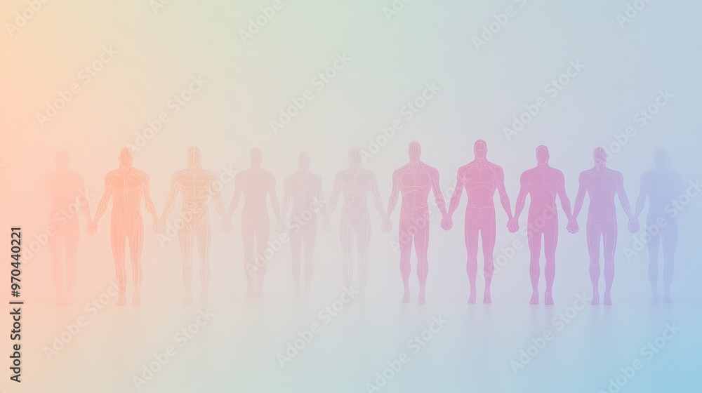 Fototapeta premium A Row of Transparent Human Figures Holding Hands in a Gradient Background