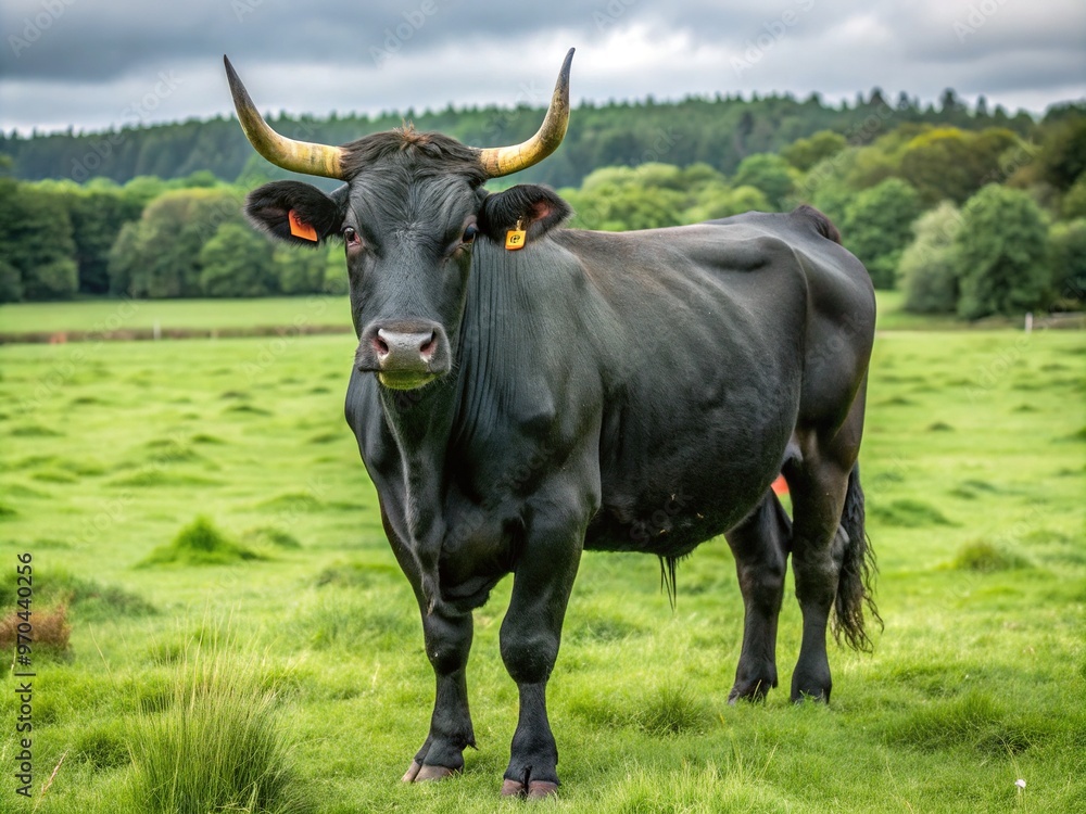 A majestic Friesian cow with glossy black coat and curved horns stands proudly in a sunny green field. A majestic Friesian cow with glossy black coat and curved horns stands proudly in a sunny green field.