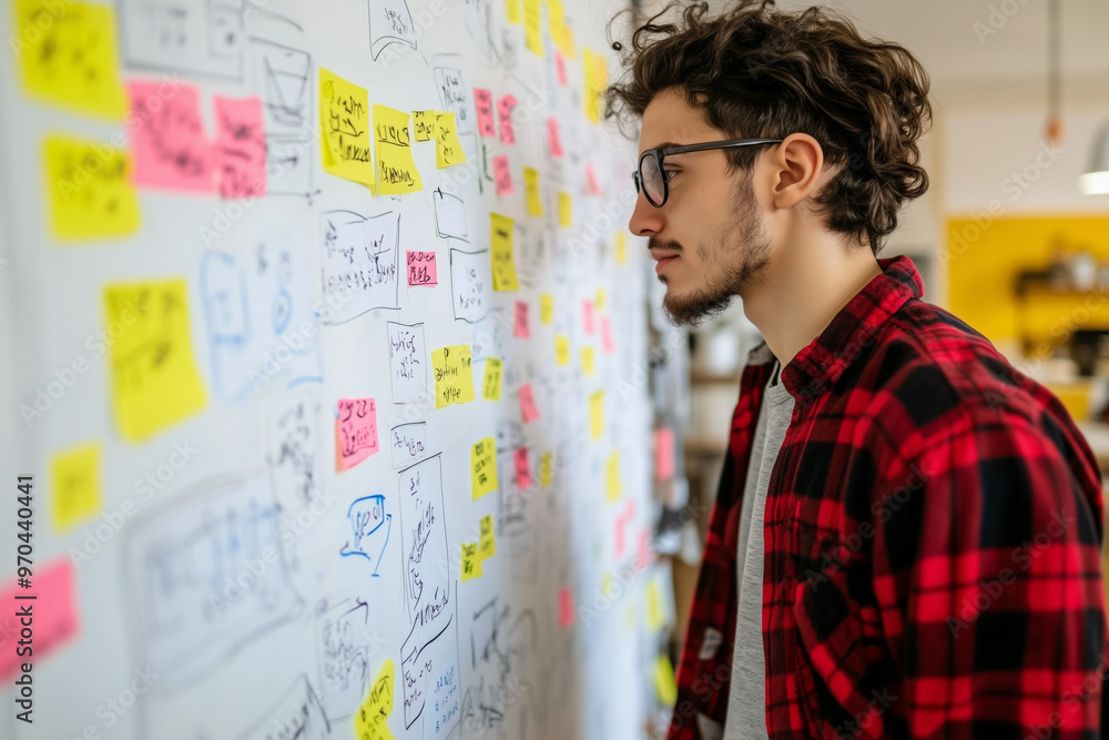 Marketing manager presenting a campaign strategy on a whiteboard in a sleek office Marketing manager presenting a campaign strategy on a whiteboard in a sleek office