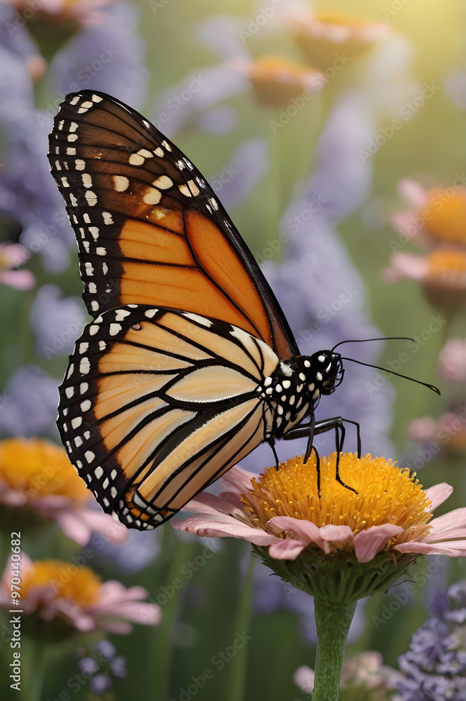 Obraz premium Detailed Close-Up Image of a Monarch Butterfly Delicately Perched on a Blooming Flower