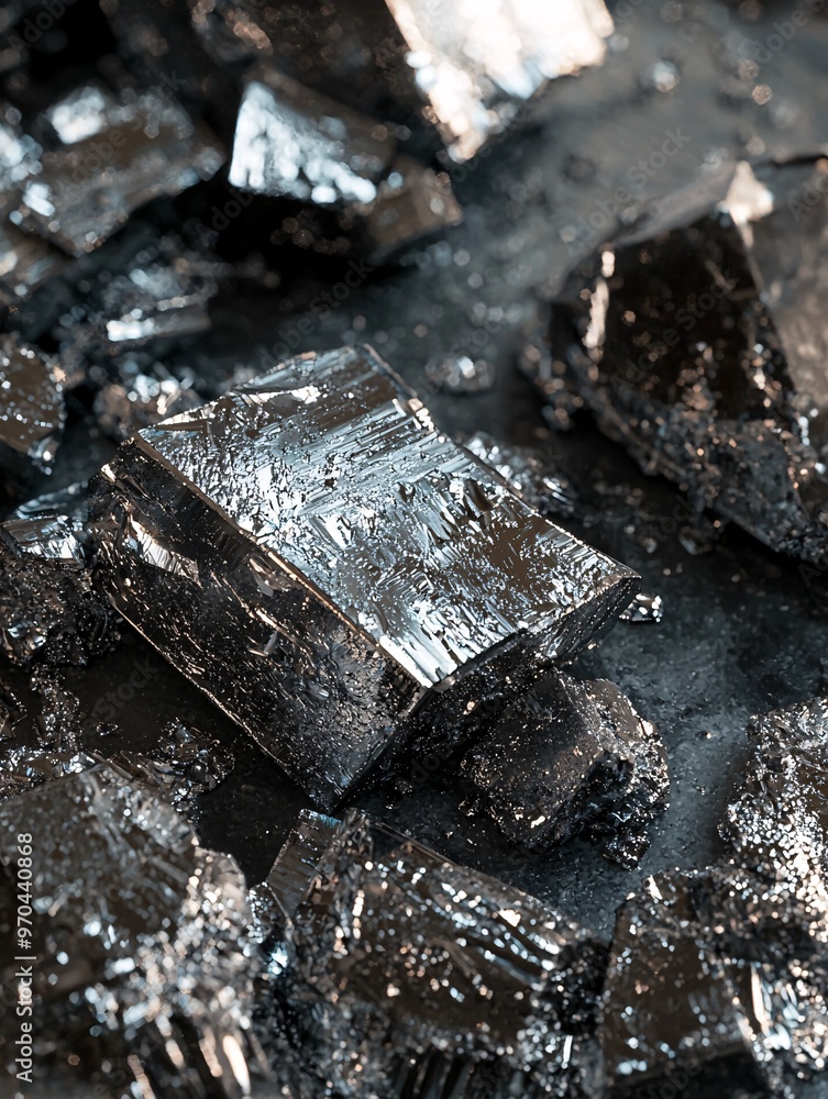 A detailed view of shiny metallic elements with a unique texture displayed on a lab surface. A detailed view of shiny metallic elements with a unique texture displayed on a lab surface.
