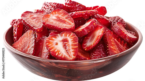 A bowl of dried strawberry slices with a transparent background.