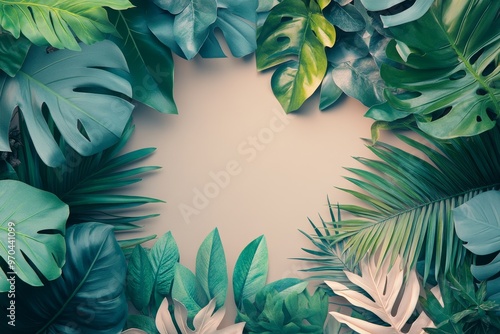 Green tropical leaves frame around beige background.