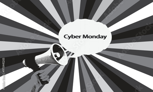 Cyber Monday banner with retro sunburst concept banner