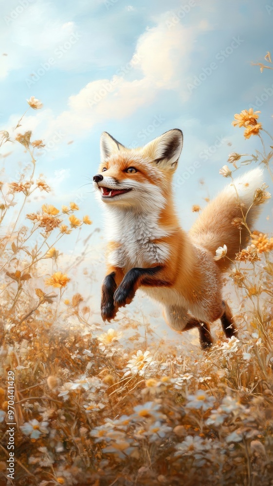 Fototapeta premium A fox playfully jumping through a field of wildflowers, with a bright blue sky and the sun casting a warm glow.