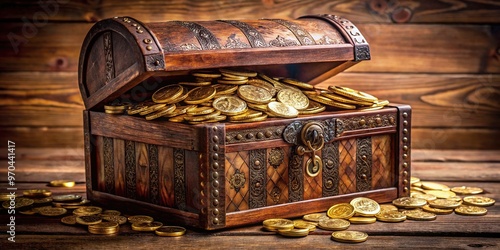 A majestic wooden treasure chest adorned with intricate carvings, overflowing with gold coins and glinting jewels, lies before us, a true marvel of ancient craftsmanship. photo