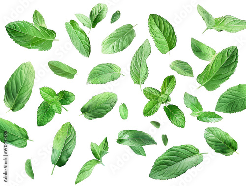 A collection of fresh green leaves scattered on a white background, perfect for nature and botanical themed designs.