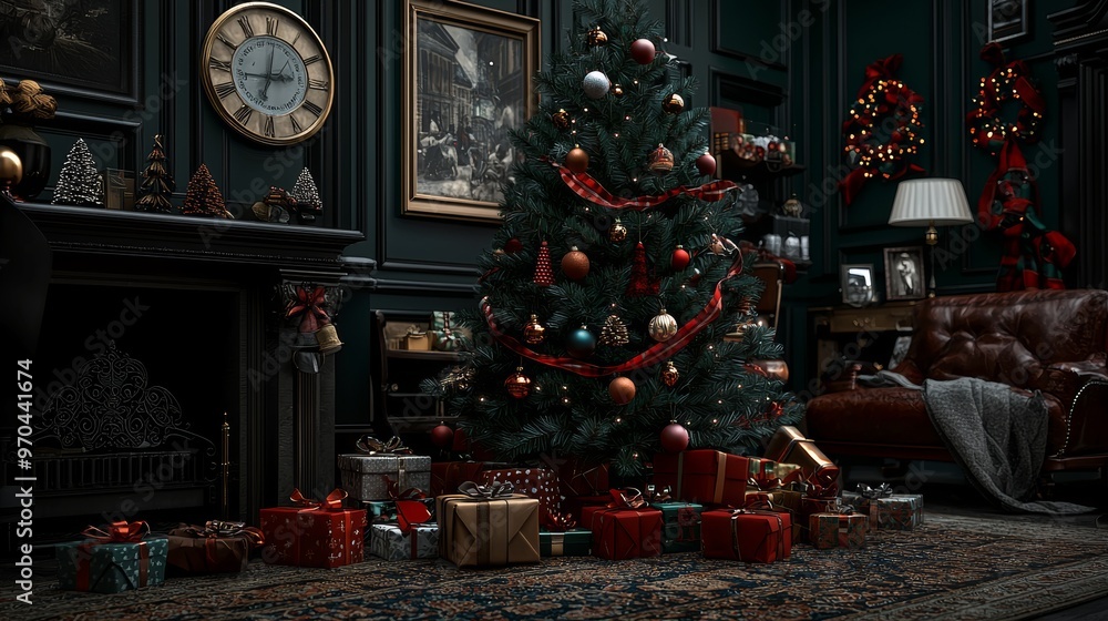 Christmas Tree Decorated with Ornaments and Gifts in a Vintage Interior Christmas Tree Decorated with Ornaments and Gifts in a Vintage Interior