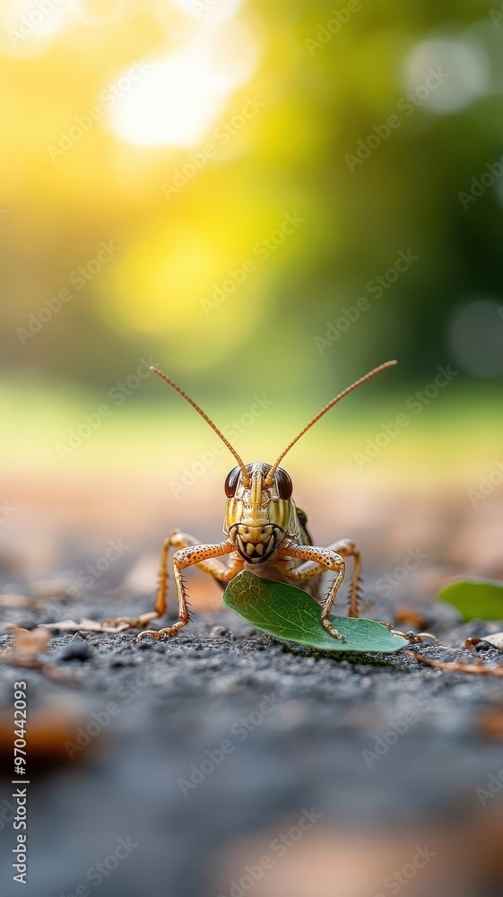 A grasshopper eating fresh leaves in a vibrant meadow. A grasshopper eating fresh leaves in a vibrant meadow.