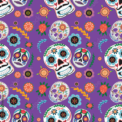 Colorful Sugar Skulls and Flowers