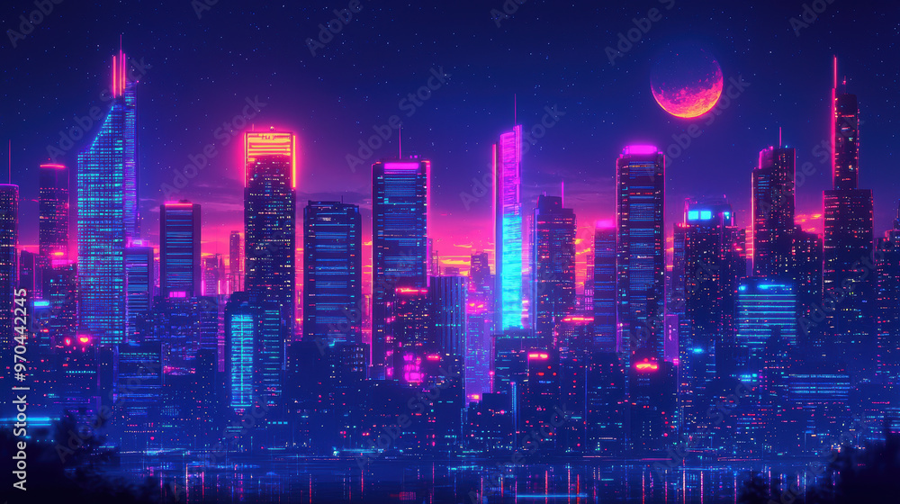 Obraz premium A vibrant futuristic neon cityscape at night, glowing with colorful lights and stunning moon