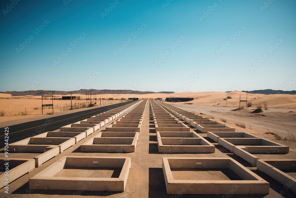 Wooden squares are laid out in a row along a desert highway Wooden squares are laid out in a row along a desert highway