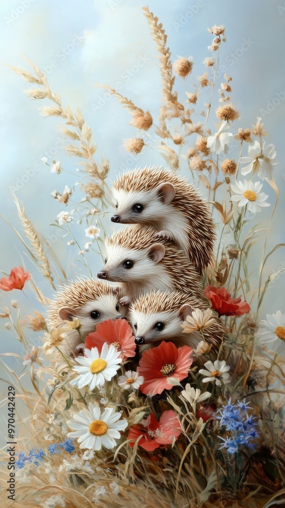 Obraz premium A group of hedgehogs playfully interacting in a grassy meadow surrounded by wildflowers.