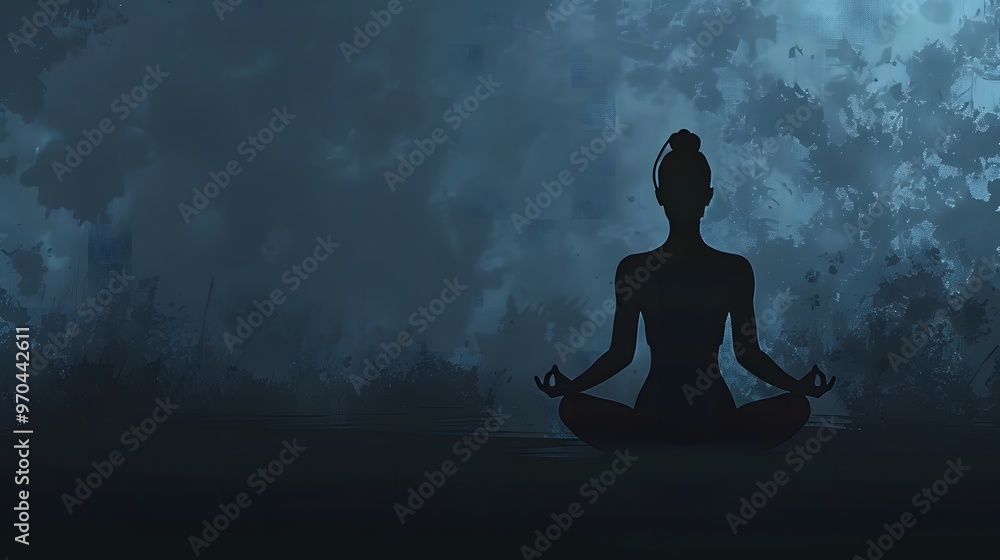 Silhouette of a woman in a meditative yoga pose sitting in lotus position representing relaxation and spirituality Silhouette of a woman in a meditative yoga pose sitting in lotus position representing relaxation and spirituality