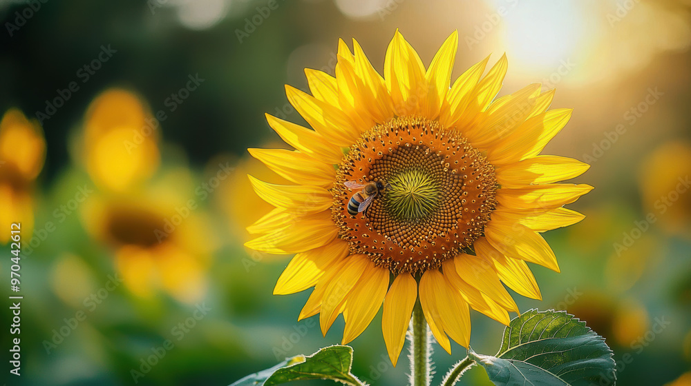 Naklejka premium A vibrant sunflower with bee collecting nectar, radiating warmth and beauty