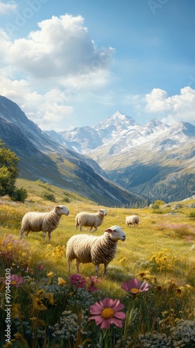 A group of sheep playfully interacting in a lush pasture with gentle slopes and wildflowers.