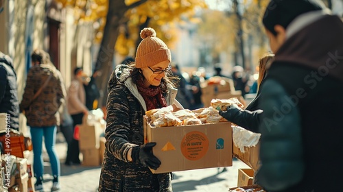 A touching moment unfolds as compassionate individuals come together to share nourishing packages with those in need.