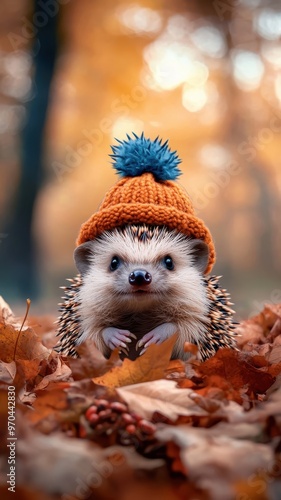 A hedgehog with a vibrant hat sitting on autumn leaves in a cozy forest.