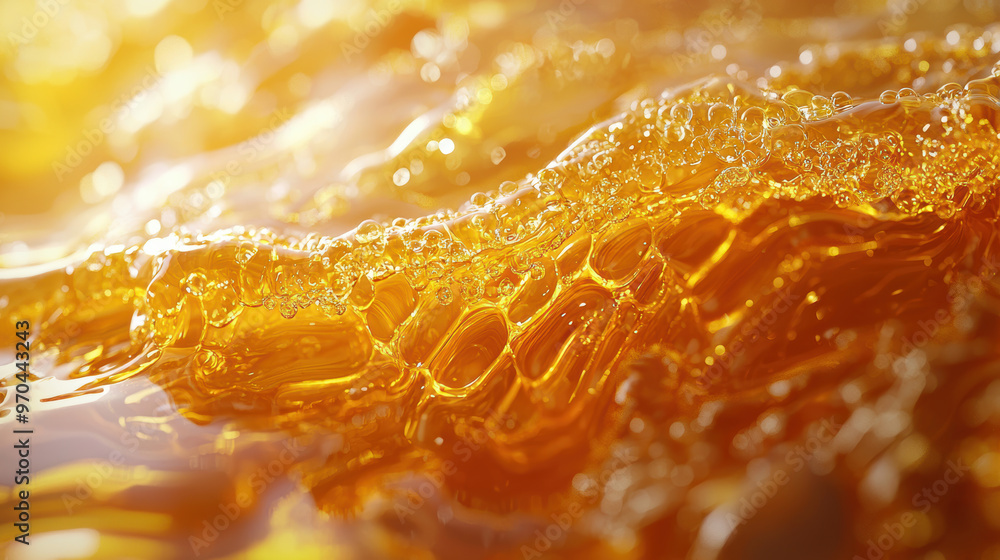 A mesmerizing close up of golden liquid with bubbles, creating surreal effect A mesmerizing close up of golden liquid with bubbles, creating surreal effect