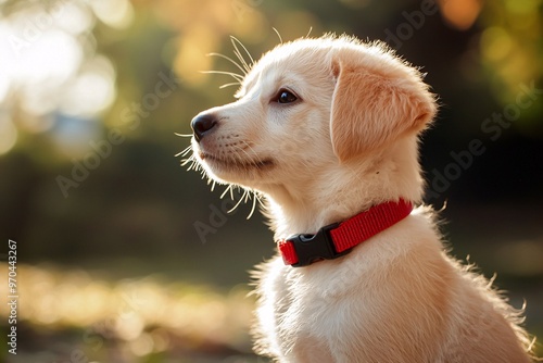 A cheerful puppy adorned with a vibrant collar lounges in a sunlit park, radiating irresistible charm to prospective adopters. photo