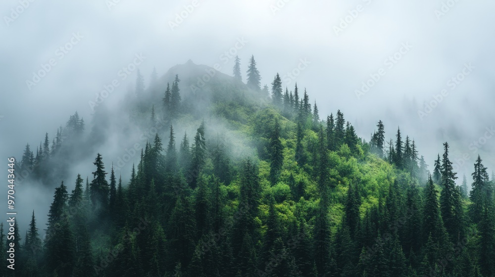 A misty mountain range with lush green trees. A misty mountain range with lush green trees.