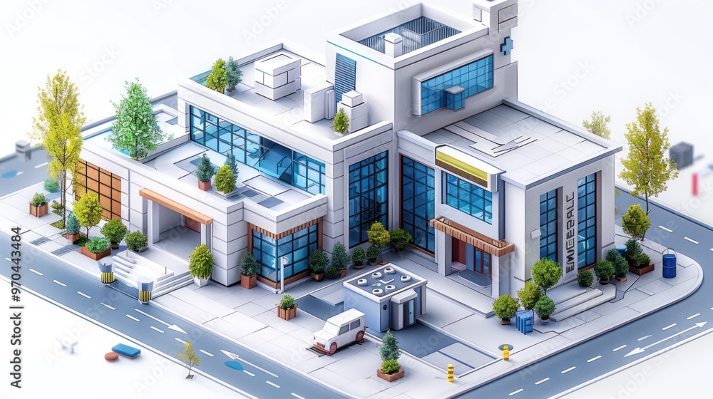 Modern Hospital Building in Isometric Perspective Modern Hospital Building in Isometric Perspective