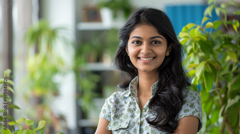 Cheerful Indian girl standing in a home office, business theme with a plain office background Cheerful Indian girl standing in a home office, business theme with a plain office background