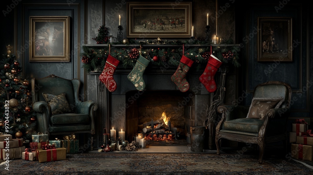 Fototapeta premium Cozy Christmas Fireplace with Stocking Decor and Presents