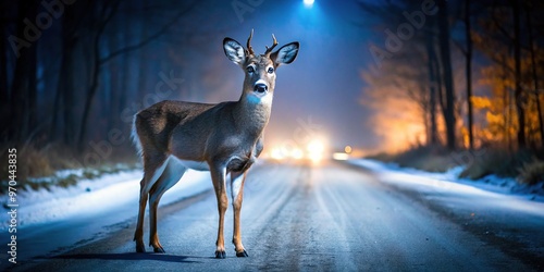 A startled white-tailed deer, eyes aglow, stands frozen in the middle of a rural road, illuminated by a car's headlights on a dark autumn night. photo