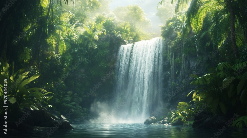 Lush tropical rainforest with a cascading waterfall and mist. Lush tropical rainforest with a cascading waterfall and mist.