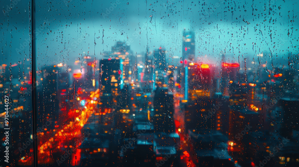 Fototapeta premium A cityscape viewed through glass window with raindrops creates moody atmosphere