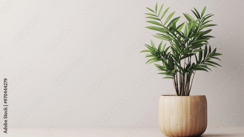 Fototapeta premium Modern Minimalist Plant Interior Design with Wooden Planter in Bright Natural Light