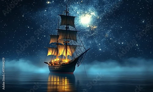 sailing ship in the middle of ocean waves under the starry sky at night, animation video background