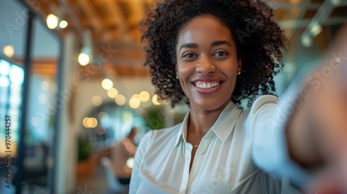 An African American businesswoman in a white button-up shirt taking a selfie with her smartphone