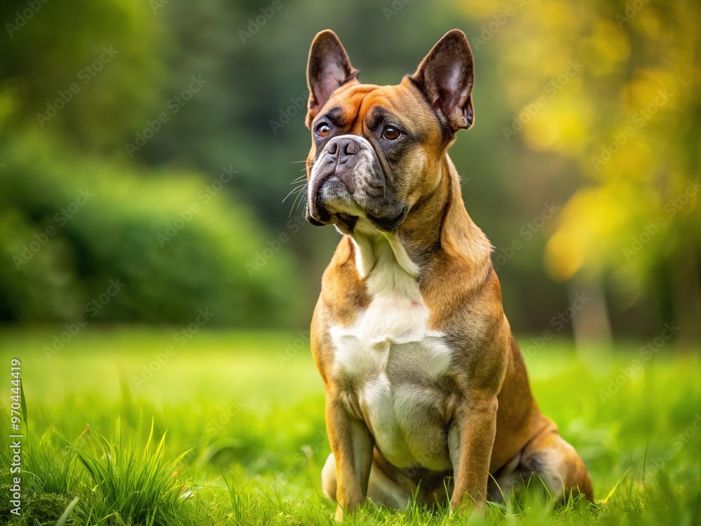 A sturdy dog sits on a grassy verge, its short, thick coat glistening, ears folded back, eyes fixed intently on something afar. A sturdy dog sits on a grassy verge, its short, thick coat glistening, ears folded back, eyes fixed intently on something afar.