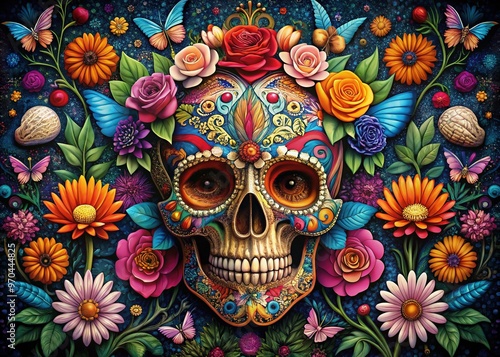 A sugar skull glows with intricate designs, delicate flowers, and butterflies on a dark, rich backdrop, exuding elegance and an air of mystique.