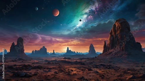 Colorful abstract background view of space from surface of a planet with hills and mountains view in horizon, endless galaxy with nebulas, stars and planets