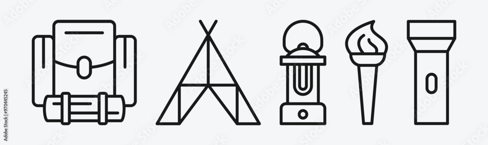 Line style camping icons set. Minimal illustration for designation of outdoor travel. Line style camping icons set. Minimal illustration for designation of outdoor travel.
