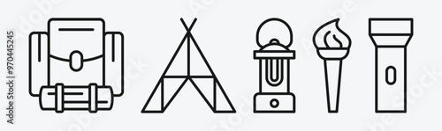 Line style camping icons set. Minimal illustration for designation of outdoor travel.